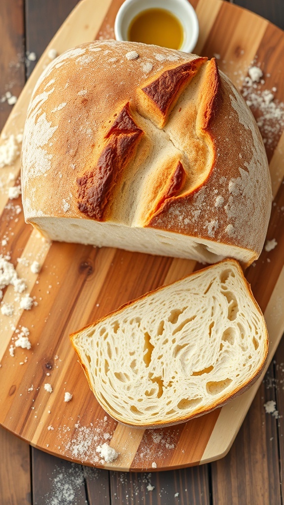 A golden-brown sourdough loaf bread on a wooden board, with a slice cut out to show the soft interior.